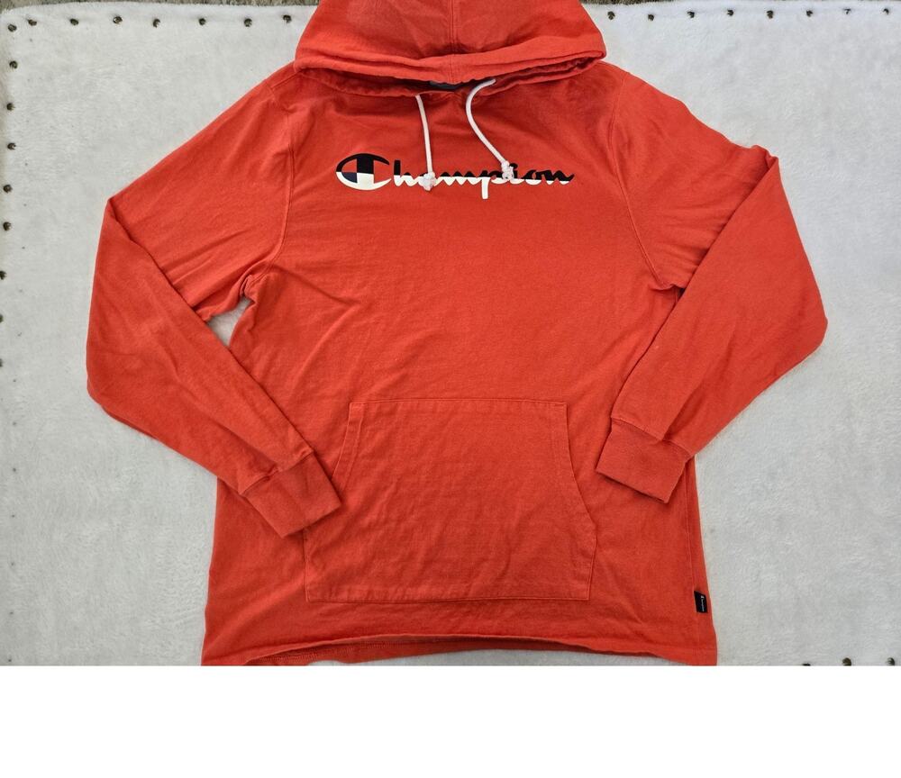 Champion Hoodie Mens Large Orange Pullover Sweatshirt Kangaroo Pocket